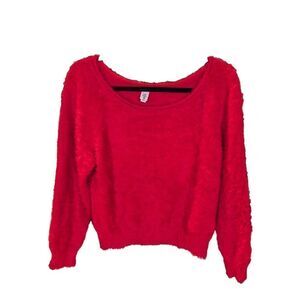 Victoria's Secret Fuzzy Sweater Red Holiday Pullover Top Rib Trim Long Sleeves W
